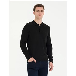 Black Slim Fit Polo yaka Basic Knitwear Kazakh