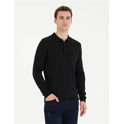 Black Slim Fit Polo yaka Basic Knitwear Kazakh