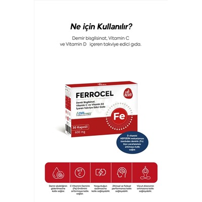 Dr.Henri Ferrocel 30 капсул Железо, витамины C и D3, содержащие дополнительное питание 600 мг