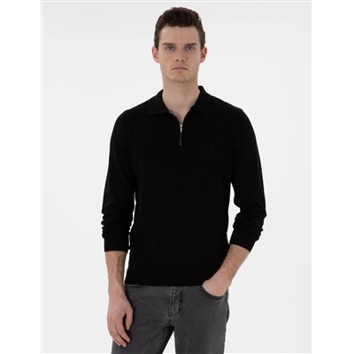 Black Slim Fit Zipper Polo Yaka Basic Knitwear Казах