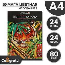 Бумага цветная А4, 24 листа, 24 цвета, мелованная 80 г/м2, на скобе