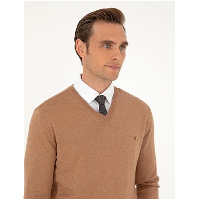 Camel Melange Slim Fit V-образный свитер с V-образным вырезом Базовый трикотажный