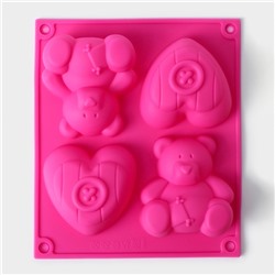 Форма для выпечки Доляна «Мишка и сердце», силикон, 17×15 см, 4 ячейки, цвет розовый