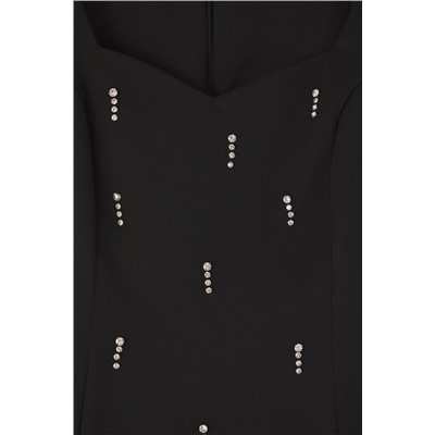 Черный камень вышитый сердечный воротник рукавиц Midi Woven Big Size Платье TBBSS25AH00061