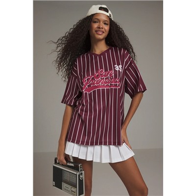 Burgundy Striped and Clogan Printed Pursphile/Wide Flom Footttting футболка Twoss25ts00119
