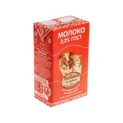 Молоко УП Любаня из Кубани жирн. 3,2% 1л т/п  1*12