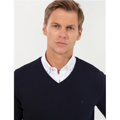 Темно -синий Slim Fit V Шея Основной вязаный свитер