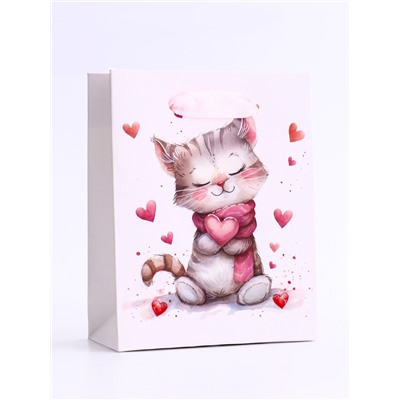 Пакет подарочный вертикальный «Сердечный котик»,  S 12 × 15 × 5,5 см