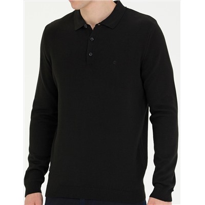 Black Slim Fit Polo yaka Basic Knitwear Kazakh