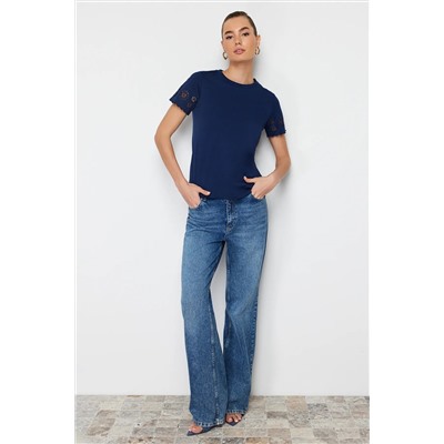 Navy Blue Brode Detred Обычный/базовый вязаный вязание плесени TWOSS24TS00068