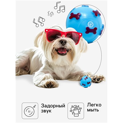 Игрушка пищащая "Мяч Косточки" для собак, 5,5 см, голубая
