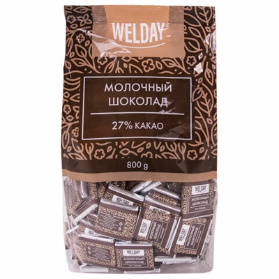 Шоколад порционный WELDAY (ВЭЛДЭЙ) "Молочный 27%", 800 г (160 плиток по 5 г), пакет, 622406