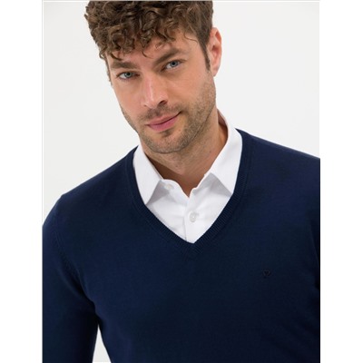 Открытый темно -синий Slim Fit V Neck Basic вязаной свитер