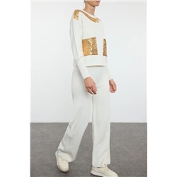 Ekru Sequined Pocket Подробный обычный трикотаж верхний набор TEDAW25AU00012
