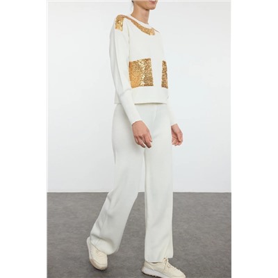 Ekru Sequined Pocket Подробный обычный трикотаж верхний набор TEDAW25AU00012