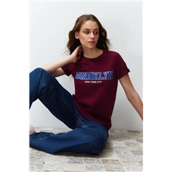 Burgundy 100 %хлопковой лозунг с печатью/нормальная вязаная футболка Twoss24TS00138
