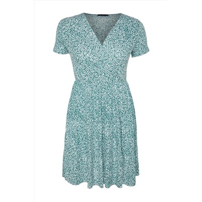Зеленый v -v -neck цветочный рисунок вязание для большого размера платье TBBSS22EL1638