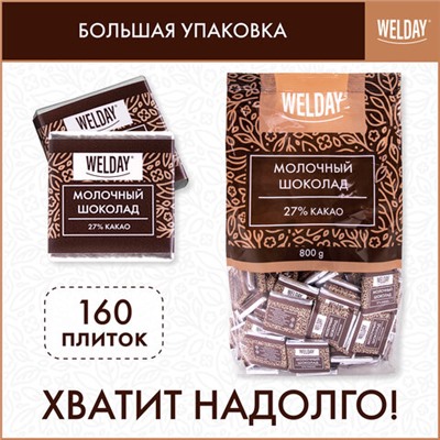 Шоколад порционный WELDAY (ВЭЛДЭЙ) "Молочный 27%", 800 г (160 плиток по 5 г), пакет, 622406