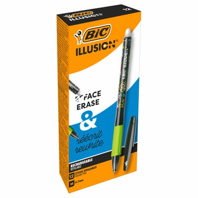 Ручка стираемая гелевая с грипом BIC "Gelocity Illusion", ЧЕРНАЯ, корпус черный, линия 0,3 мм, 516523