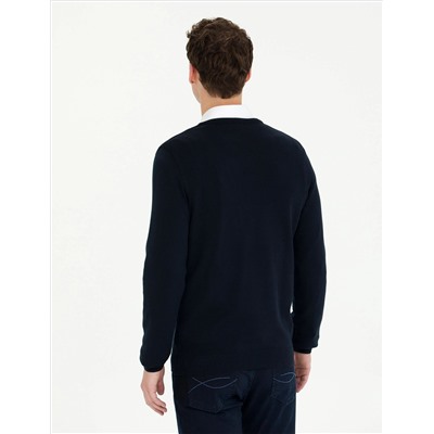 Темно -синий Slim Fit V Шея Основной вязаный свитер