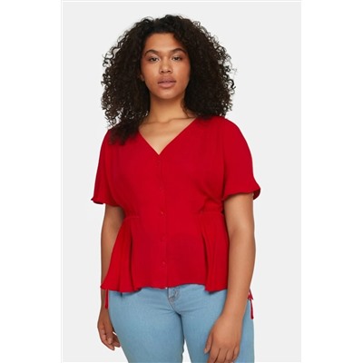 Красное плетение v -neck - -связывающая блузка TBBSS22BZ0753