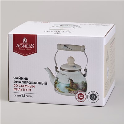 ЧАЙНИК AGNESS ЭМАЛИРОВАННЫЙ СО СЪЕМНЫМ ФИЛЬТРОМ ИЗ НЖС СЕРИЯ "LAVANDER CATS", 1,1 Л