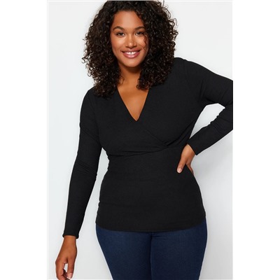 Black Cruve V -yaka Bürümcük вязание Blought Blouse TBBAW24AF00031