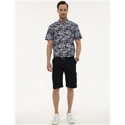 Navy Blue Standard Fit Linen Linen Mixed Bermuda Shorts
