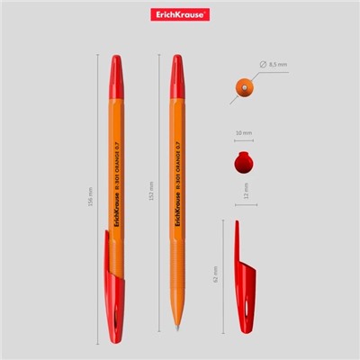 Ручка шариковая ErichKrause R-301 Orange Stick, узел 0.7 мм, чернила красные, длина линии письма 2000 метров, штрихкод на ручке