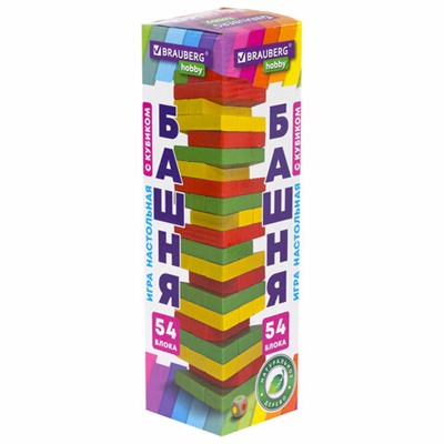 Игра настольная "ЦВЕТНАЯ БАШНЯ", 54 окрашенных деревянных блока + кубик, BRAUBERG HOBBY, 665493