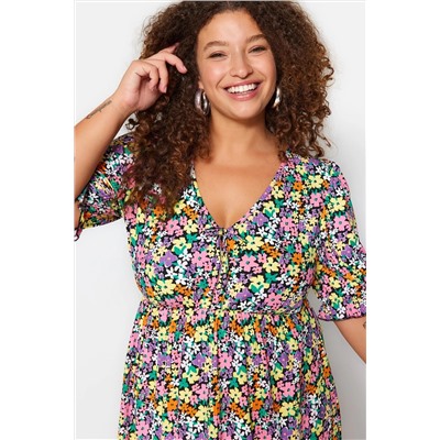 Multi -Color Flower Pattern v -neck вязание платья Большого размера TBBSS23AH00158