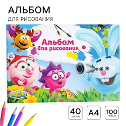 Альбом для рисования А4, 40 листов 100 г/м², на скрепке, «Смешарики»