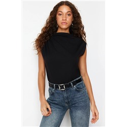 Черная лодочная воротник с нулевым рукавом футболка Shirred вязание Twoss24ts00051