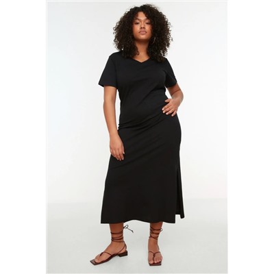 Черное v -v -neck slip maxi/long 100 %хлопковое вязаное платье tbbss22ah0163