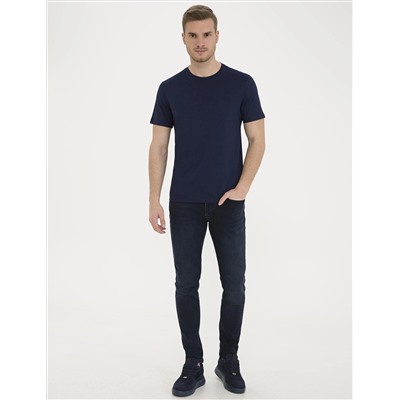 Темно -темно -синий Slim Fit Bicycle Yaka Basic T -For