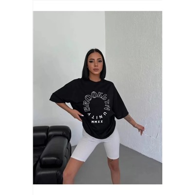 Футболка Oversize с круглым вырезом унисекс с принтом - черная