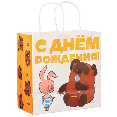 Пакет подарочный крафтовый, подарочный, «С Днём рождения!», 22 х 22 х 11 см, Винни-Пух