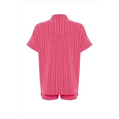 Fuchsia Woven Linen Linen Mixed Shirt Short Beach Set Tbess23au00054