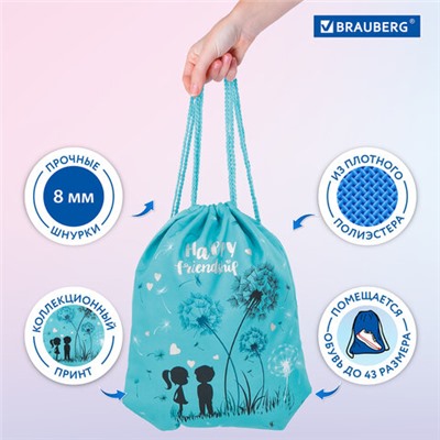 Мешок для обуви BRAUBERG PREMIUM, карман, подкладка, светоотражающие элементы, 43х33 см, "Happy friendship", 270745