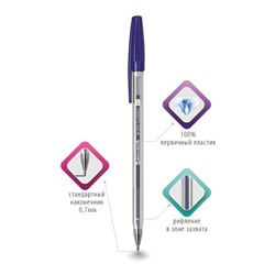 Ручка шариковая BRAUBERG "M-500 CLASSIC", СИНЯЯ, корпус прозрачный, узел 0,7 мм, линия письма 0,35 мм, 143444