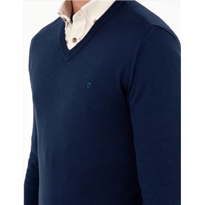 Открытый темно -синий Slim Fit V Neck Basic вязаной свитер