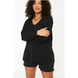 Черный парень v -neck slit вязаная блузка tbbss22bz1080