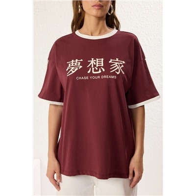Burgundy Color Block негабаритный/широкий лозунг плесени, вязаная футболка Twoss25ts00068