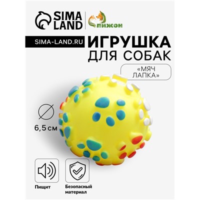 Игрушка пищащая "Мяч Лапка"для собак, 6,5 см, жёлтая
