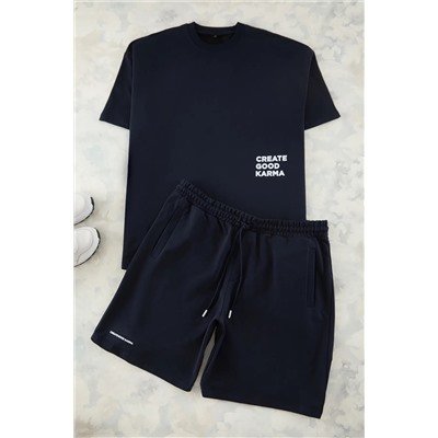 Navy Blue негабаритный/широкий вырезка для печати футболка для печати, набор спортивных костюмов TMNS25TS2038