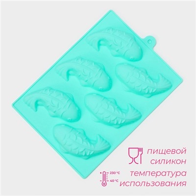 Форма для выпечки Доляна «Золотая рыбка», силикон, 24×16,5 см, 6 ячеек (9,5×4,5×2 см), бирюзовая