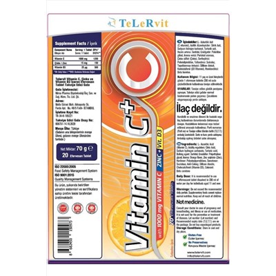 Vitamin C 1000mg C Vitamini, 1000ıu D Vitamini, 15mg Çinko Içeren 20 Efervesan Tablet