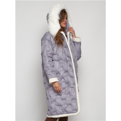 Пальто утепленное с капюшоном зимнее женское серого цвета 132290Sr