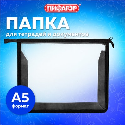 Папка для тетрадей ПИФАГОР А5, пластик, молния сверху, прозрачная, черный, 272113