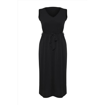 Black Connect Detred Midi V -neck Гибкое вязаное платье TBBSS25AH00015